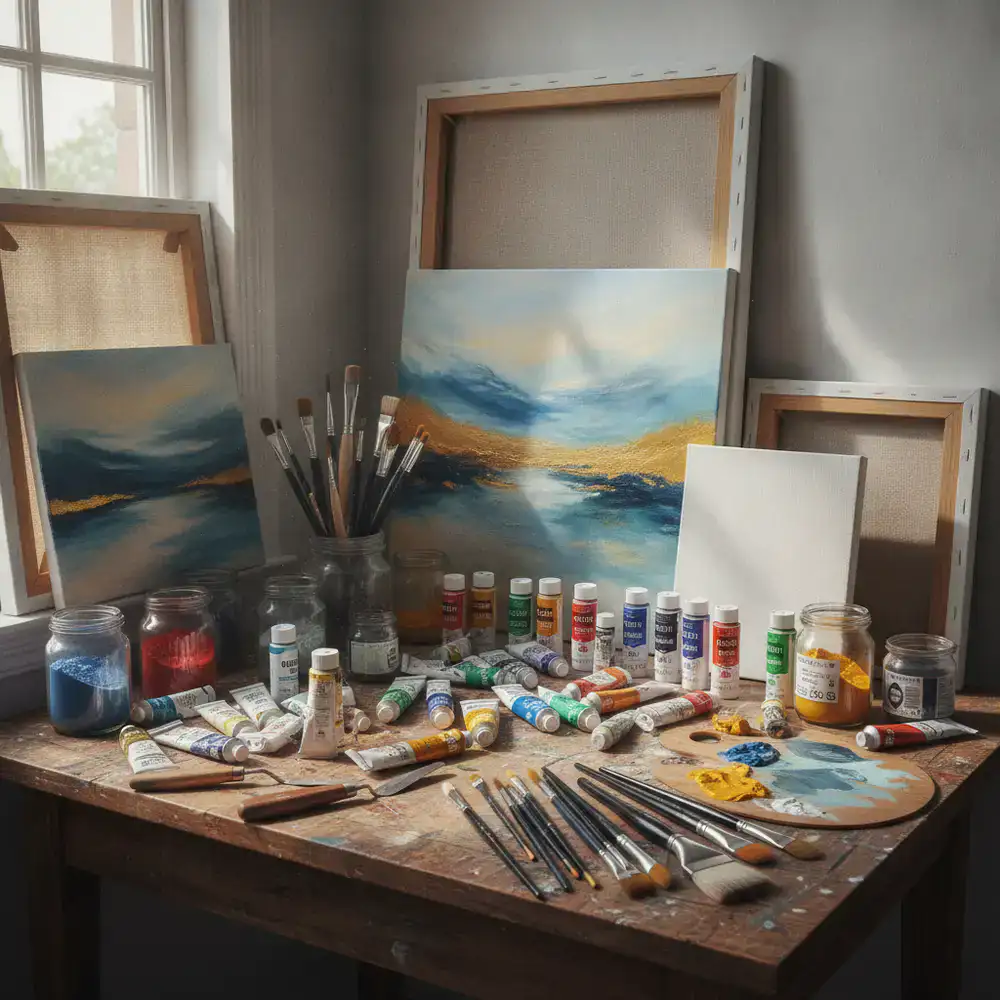 Assortment of fine art paints, brushes, and canvases