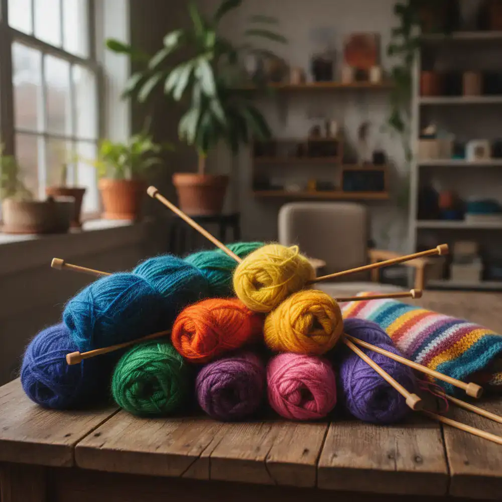 Colorful bundles of knitting yarn and needles