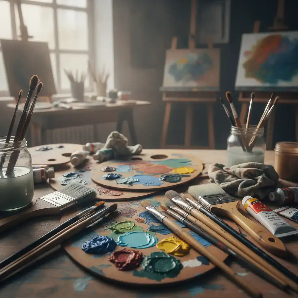 Assortment of brushes and paint palettes