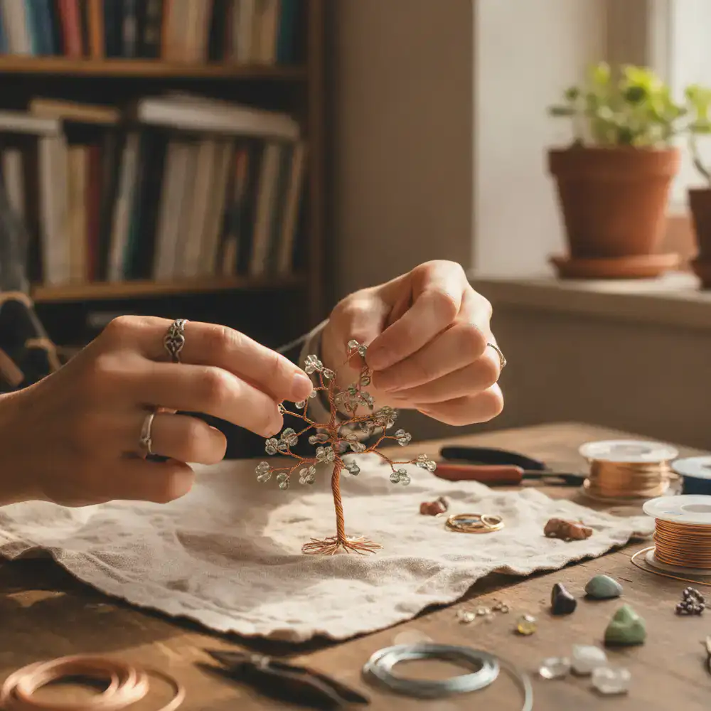 Close-up of hands working on a detailed handmade craft project