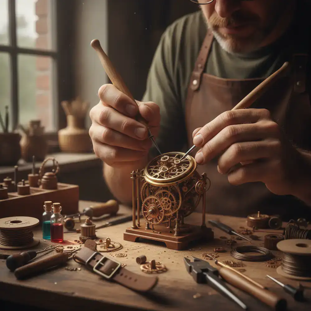 Artisan hands working on a detailed handmade craft project with precision tools