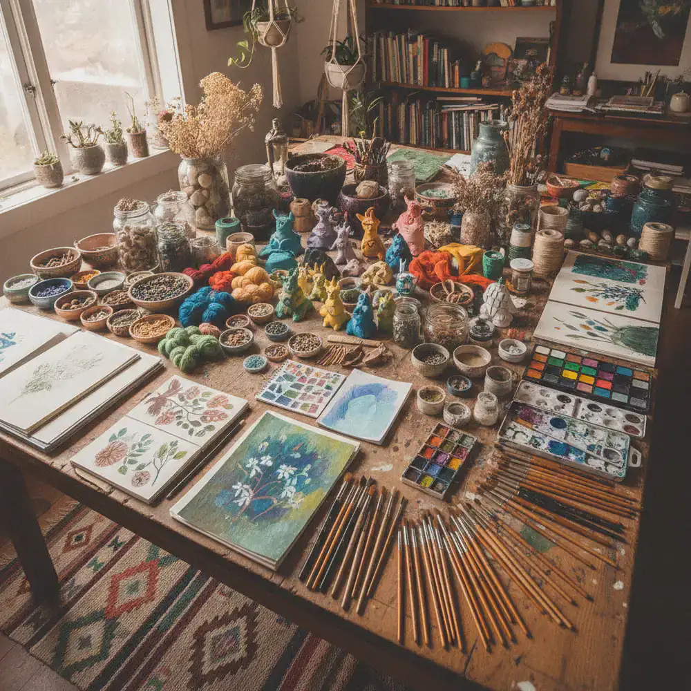 Colorful arrangement of handmade crafts and art supplies