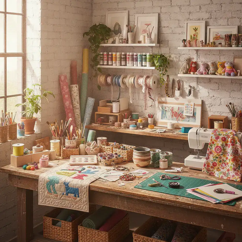 A vibrant creative workspace filled with craft supplies and handmade projects