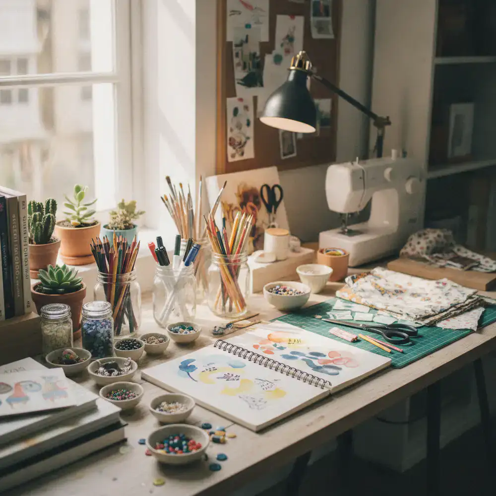 Creative desk space with craft materials