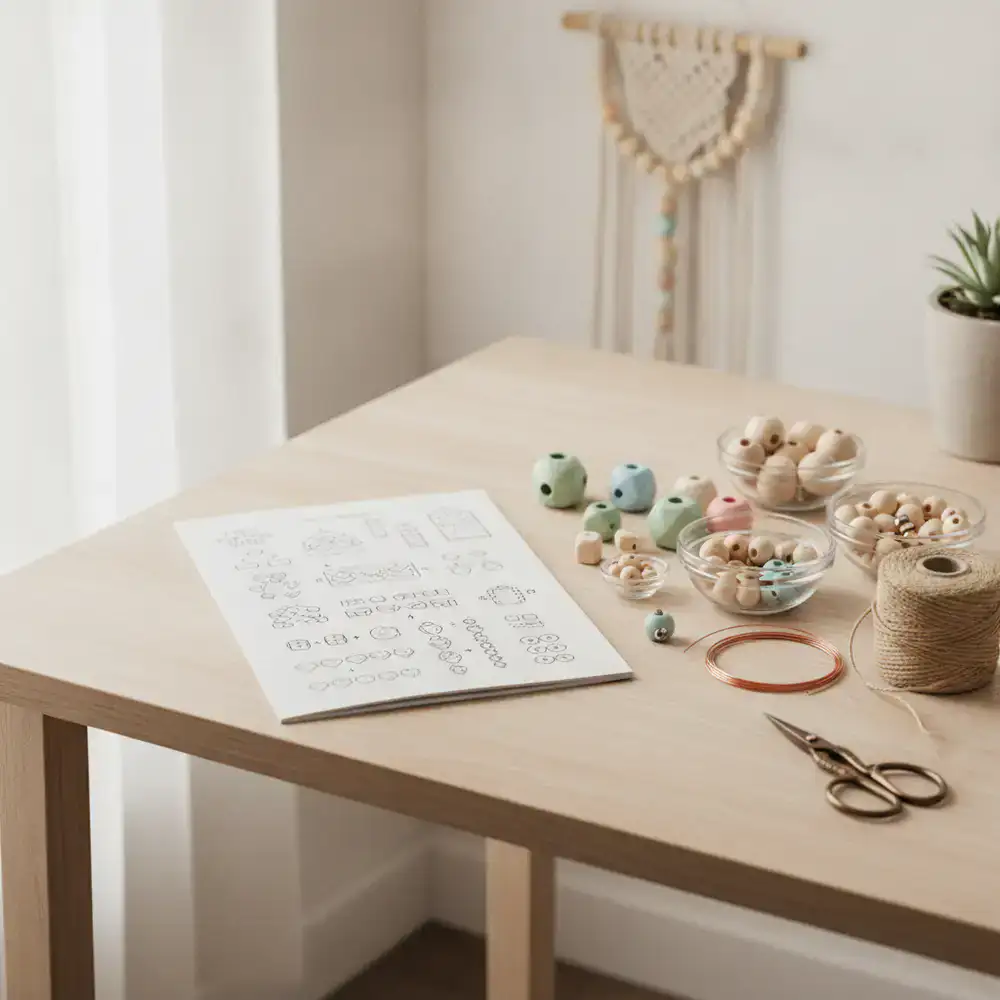 Organized DIY crafting kit with instructions and assorted wooden beads