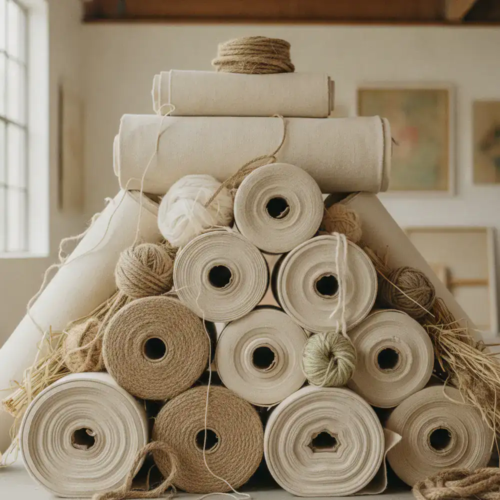 Rolls of raw canvas and natural crafting fibers stacked together securely
