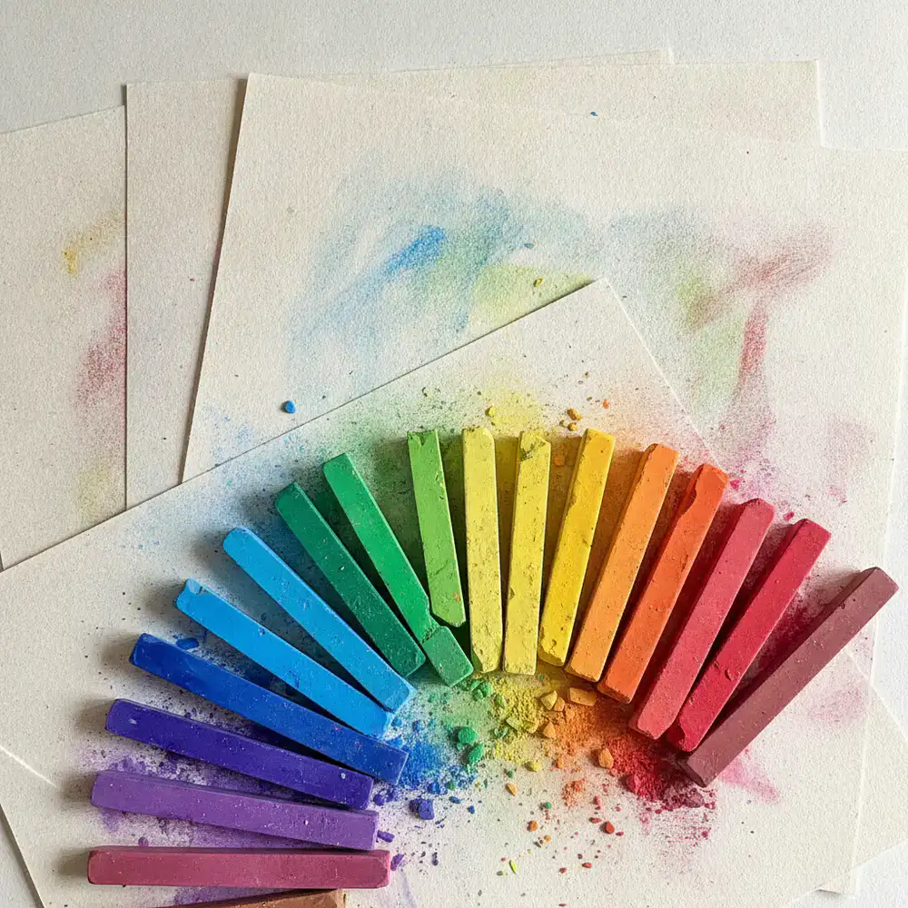 Close up of brightly colored chalk pastels and drawing paper