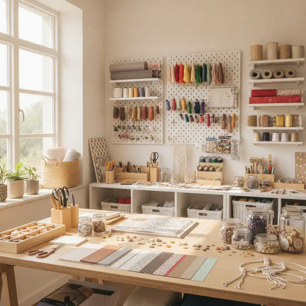 A bright, organized craft workspace in Dhaka with various DIY materials, threads, and paper goods